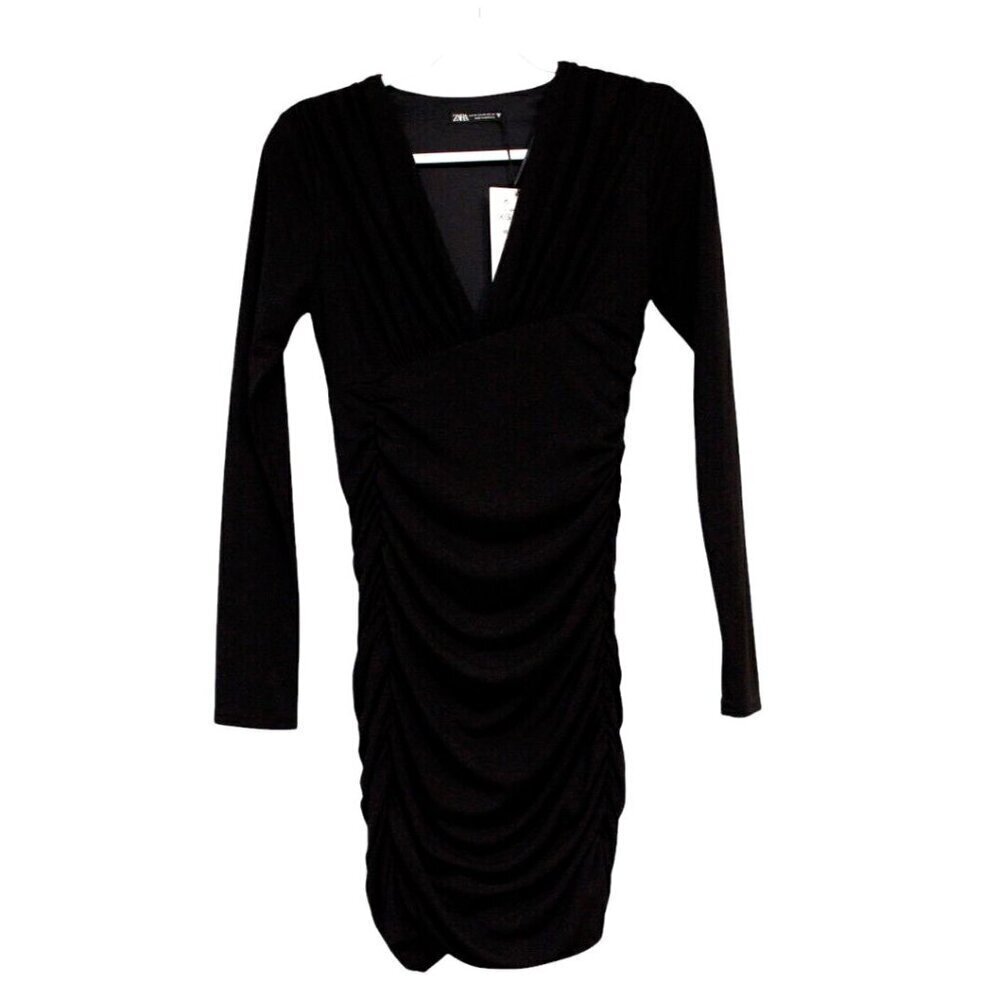 NWT Zara Bodycon Pencil Dress Size XS Black Cocktail Party Club Stretch Ruched